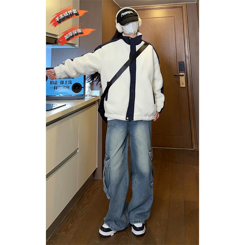 潮牌痞帅加厚羊羔绒外套男秋冬新款宽松休闲棉衣-A1440P90控145,男装棉衣,电商B241