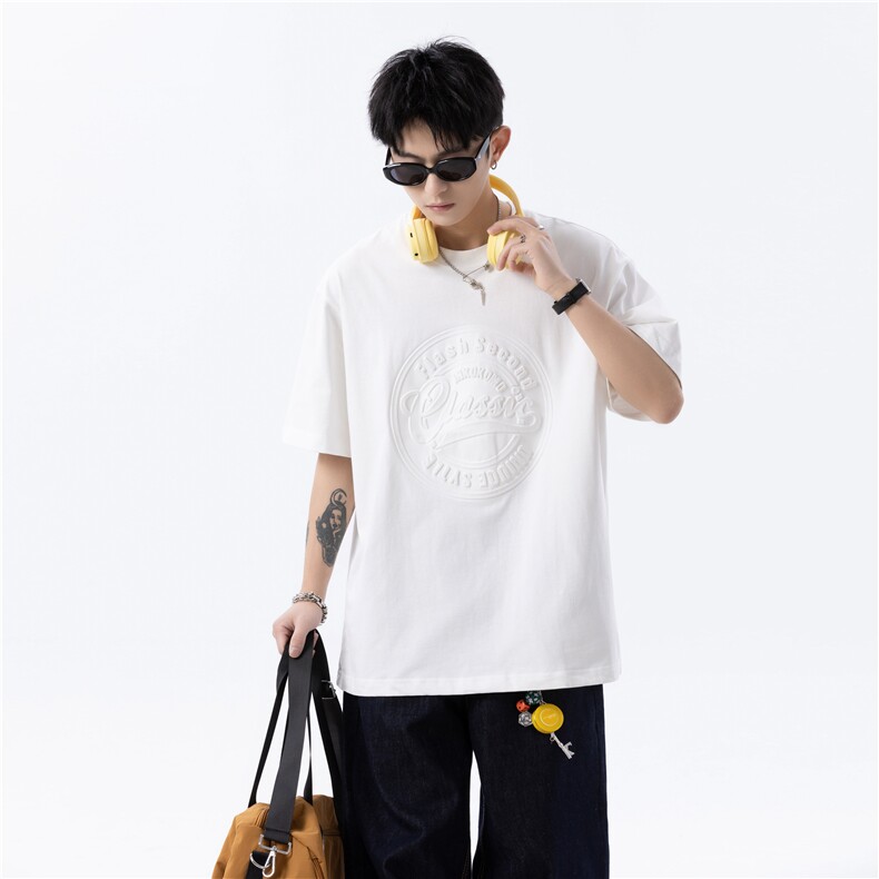 现货重磅纯棉钢印美式大版型宽松短袖T恤T130-P30-控58，男装T恤，电商D309