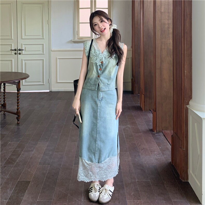 休闲减龄蕾丝拼接牛仔半身裙套装女夏2025新款独特漂亮穿搭两件套图片