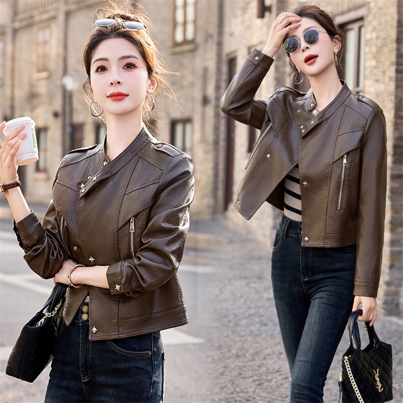 通用修身型拼接立领宽松型皮衣皮夹克非正式学院风春秋气质小个子，女装皮衣，魅家