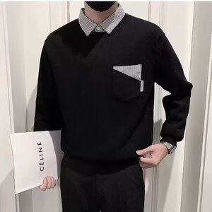 2025新款春秋款假两件卫衣男宽松潮牌衬衫领内搭打底衫男潮图片