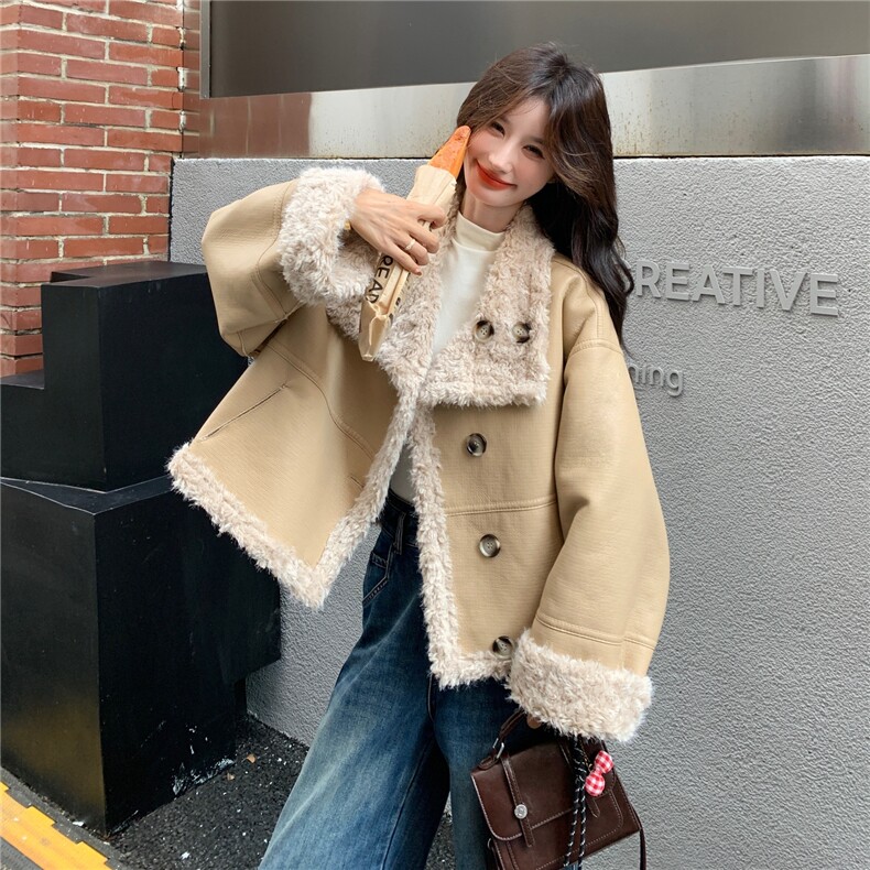 韩系短款羊羔毛外套女2025冬季新款两面穿设计感宽松保暖皮毛一体,女装短外套,2C261