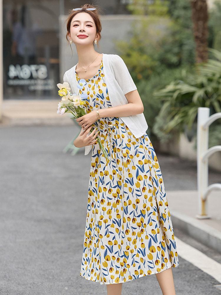 度假风时尚套装女2025夏季新款披肩外套无袖连衣裙两件套,女装套装/套裙,众宇琦