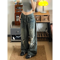 【有货】口袋破洞牛仔裤男女款美式高街直筒裤子A271CC-特P50，男装牛仔裤，星座1007（原301D）