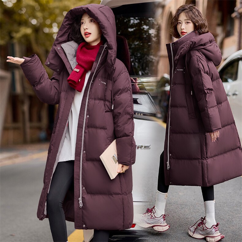 安哥拉红长款过膝羽绒服女高端90白鸭绒设计感冬季新款加厚面包服，女装羽绒服，梦懿尔