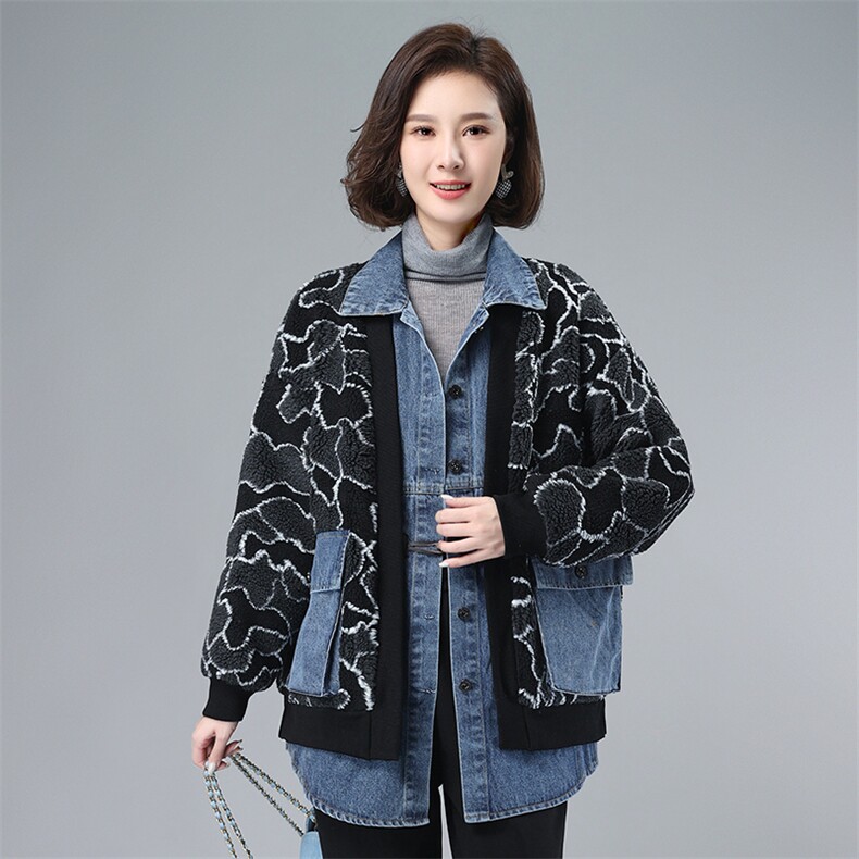 2021年冬季通勤宽松加绒长袖文艺拼接牛仔颗粒绒外套，女装卫衣/绒衫，叶笙衣