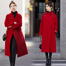 美拉德双面羊绒大衣女中长款2023冬新款立领本命年红色羊毛呢外套，女装双面呢大衣，乐吉娜