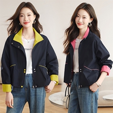 现货秒发2025秋冬新款拼色学院风韩版休闲风衣外套短外套，女装短外套，星宇服饰