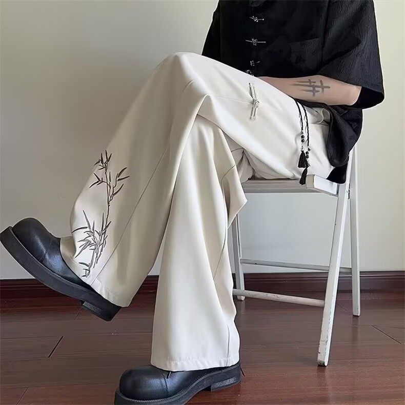 A69-P34风竹子刺绣冰丝西裤男夏季薄款垂感宽松直筒西装裤，男装西裤，电商B323A