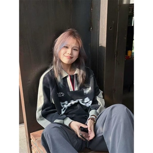 麂皮绒POLO领卫衣男女新款宽松bf美式潮学院风上衣 W128图片