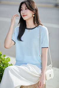 撞色圆领冰丝针织短袖T恤女2025夏季轻薄透气宽松显瘦上衣小衫t恤图片