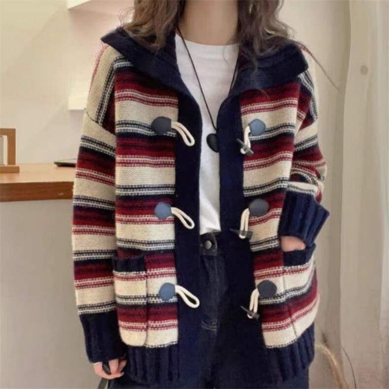 毛衣女新款2024秋冬条纹短款宽松慵懒针织上衣,女装羊毛衫,锦瑟羊绒