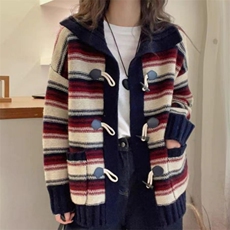 毛衣女新款2024秋冬条纹短款宽松慵懒针织上衣，女装羊毛衫，锦瑟羊绒