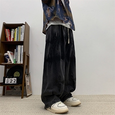 美式复古扎染黑色牛仔裤男宽松高街ins潮牌阔腿裤N06134-P53，男装牛仔裤，星座308B-1