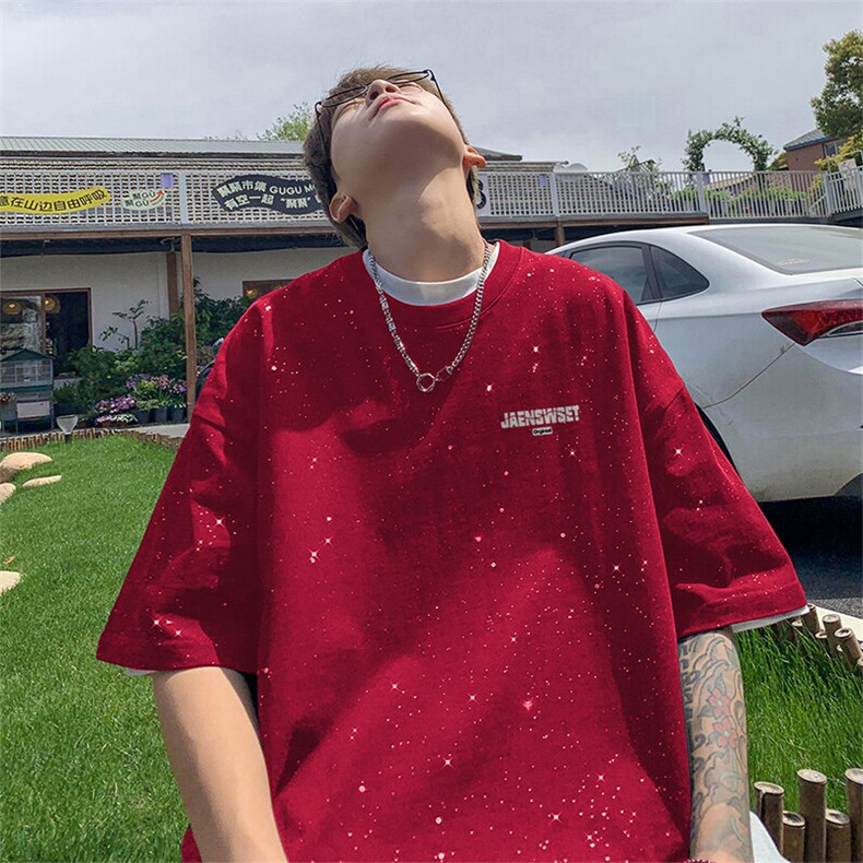 可48小时发货支持抖音得物来样二开美式满天星亮片短袖T恤MTX680,男装T恤,电商A486