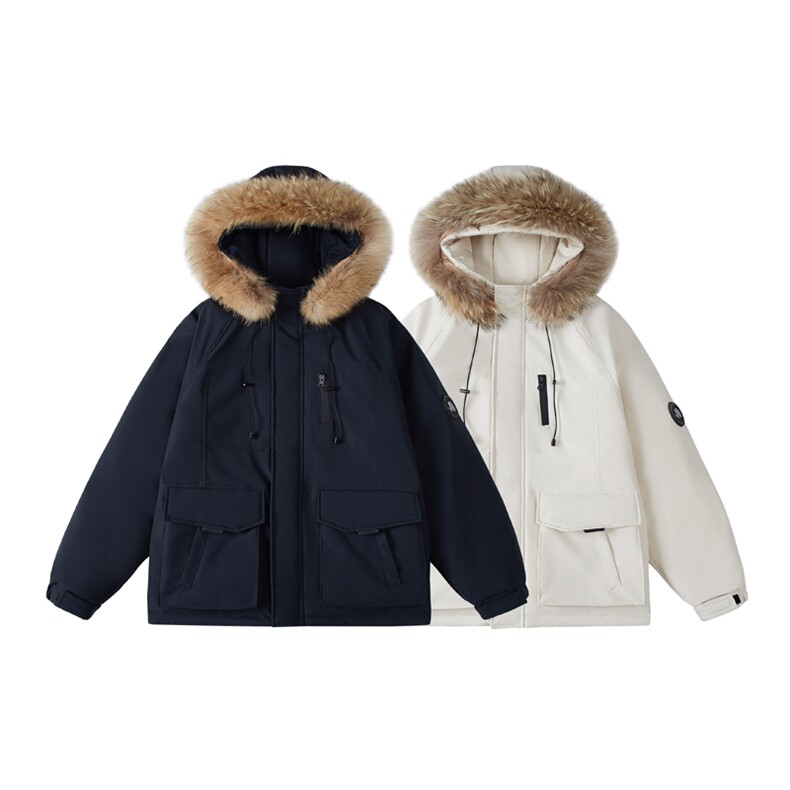 真毛领工装冲锋衣连帽大毛领羽绒服男女同款情侣款外套，男装夹克，电商D211