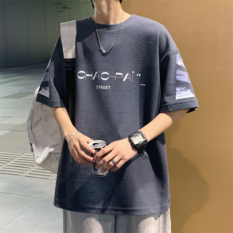 ！2024夏季新款男士潮流华夫格短袖T恤印花半袖TXH208P35,男装T恤,电商B220