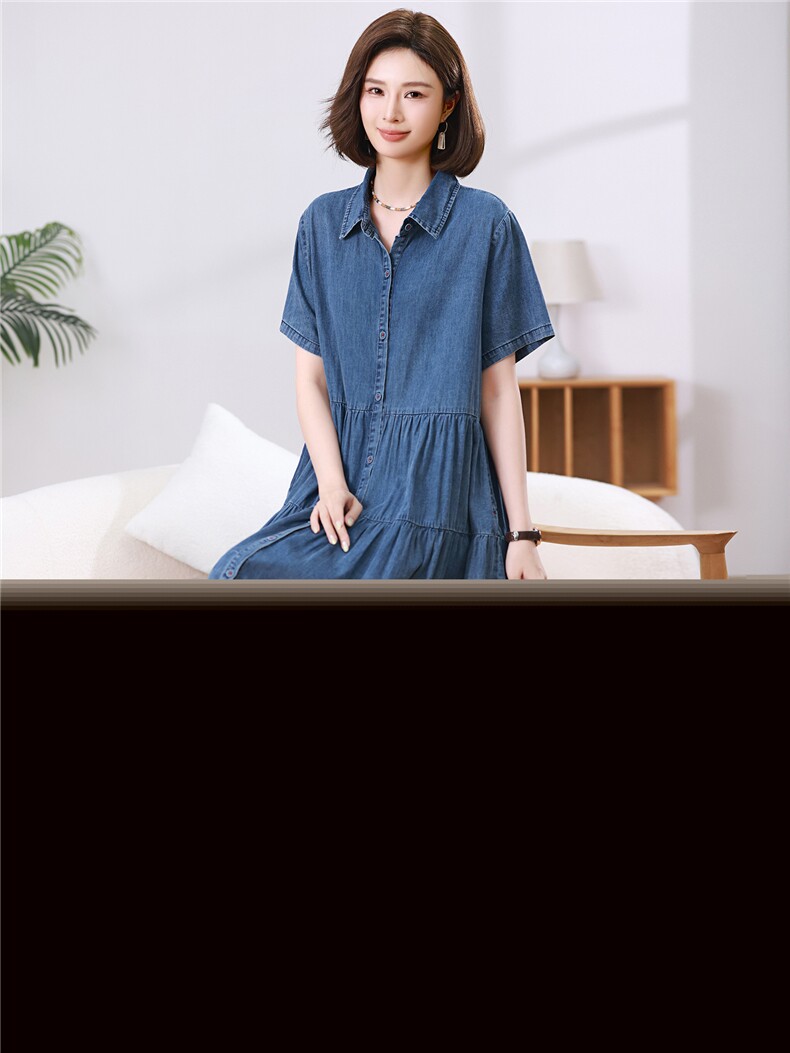 短袖中长款H型夏季宽松腰气质时尚简约纯色牛仔连衣裙,女装连衣裙,江忆布依