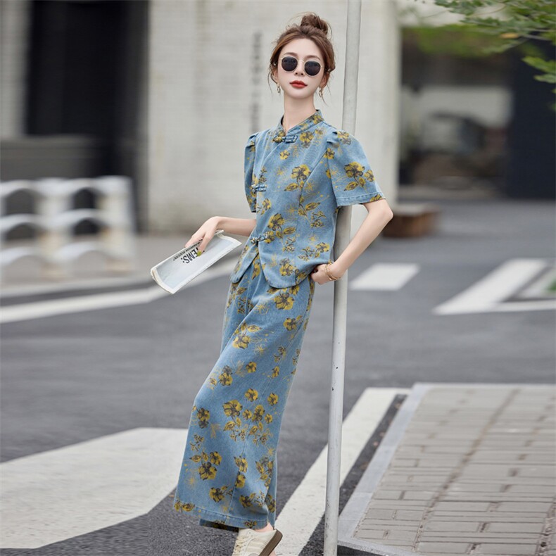 新中式印花牛仔套装女2025夏季新款爆款气质高级感阔腿裤两件套,女装套装/套裙,曼娅璐