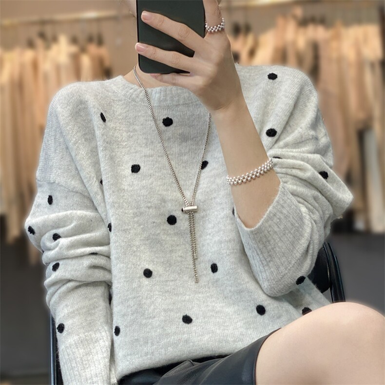时尚创意波点圆领针织衫女秋季加厚宽松显瘦毛衣气质羊毛上衣,针织衫/毛衣,雪真羊绒