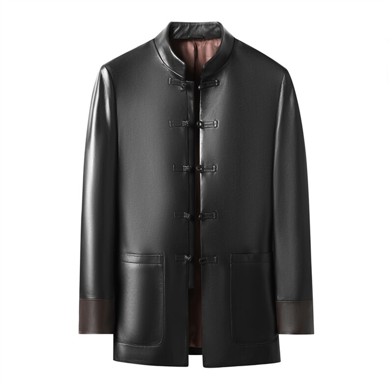 高端中年风唐装立领绵羊皮皮衣外套男唐装中老年复古皮衣夹克,男装夹克,钱塘723