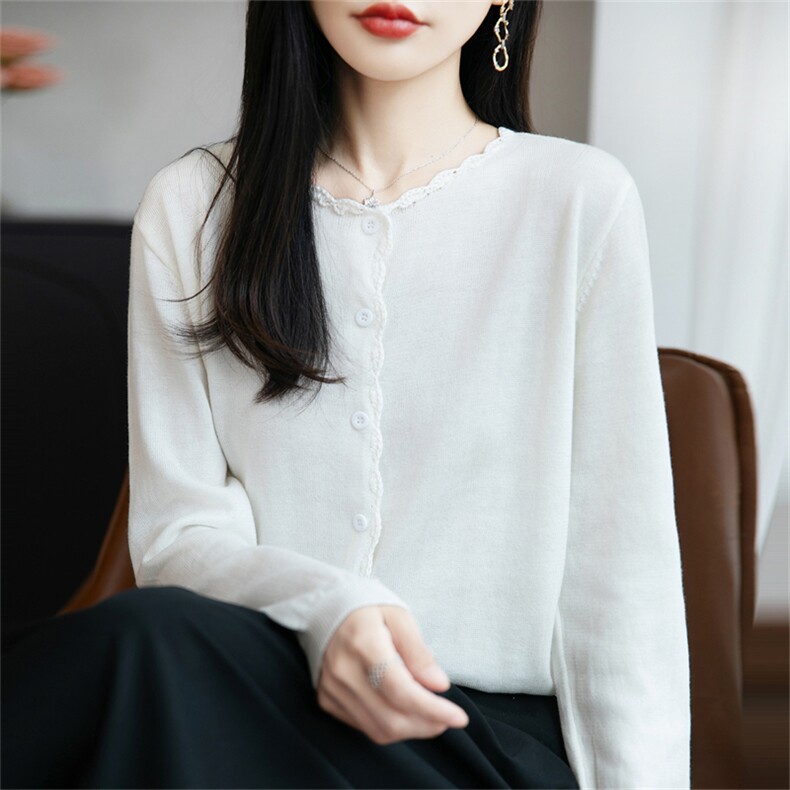 法式温柔风花边设计针织开衫女外套2025新款精纺毛薄款外搭毛衣衫,针织衫/毛衣,菲奥羊绒