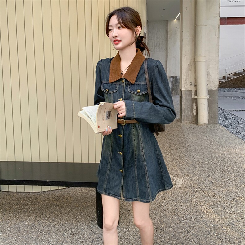 （）2026春装新复古色牛仔连衣短裙（配腰带）1D060-165-258,女装连衣裙,1D060