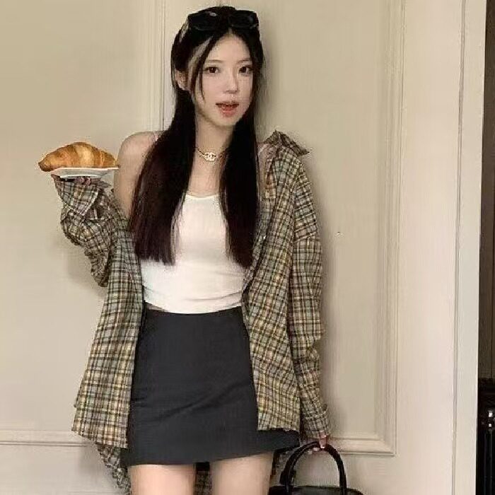 韩系复古慵懒风格子衬衫女早秋新款宽松百搭气质休闲防晒上衣外套,男装防晒衣,星座1210-1