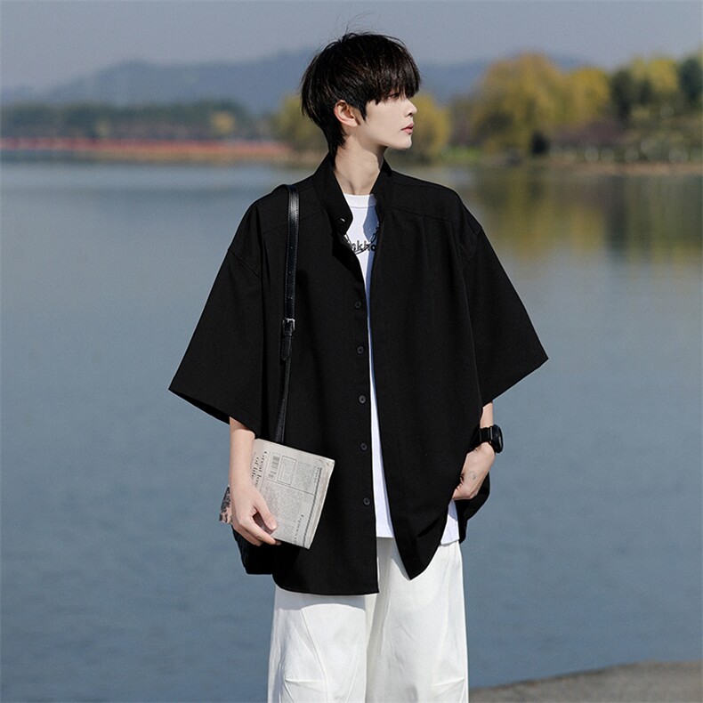 8XL-M中山领新中式短袖衬衫大码痞帅休闲半袖垂感衬衣DC5002/P50,男装衬衫,电商B238