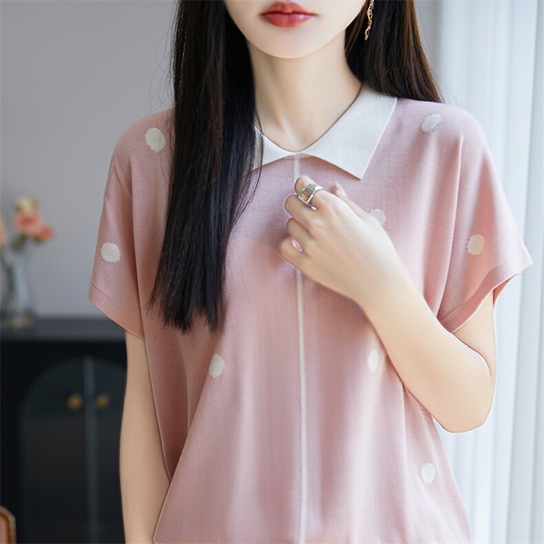 2025年秋季不连帽短袖POLO领针织衫时尚百搭,女装T恤,暖圣羊羊绒