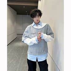 现货25春秋男士垫肩假三件叠穿效果衬衫套头卫衣wy50-p98，男装卫衣，电商B288