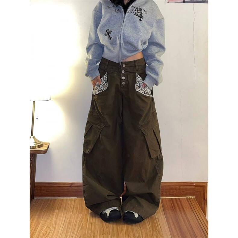 美式复古豹纹拼接多口袋牛仔裤男女cleanfit宽松工装裤情侣阔腿裤,男装牛仔裤,四季星座505
