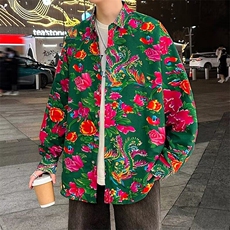 东北大花长袖衬衫男新中式风衬衣潮牌设计感高级碎花防晒外套，男装衬衫，星座506A