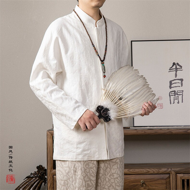 2025秋冬新款风男装棉麻提花立领唐装衬衫C285P85图片