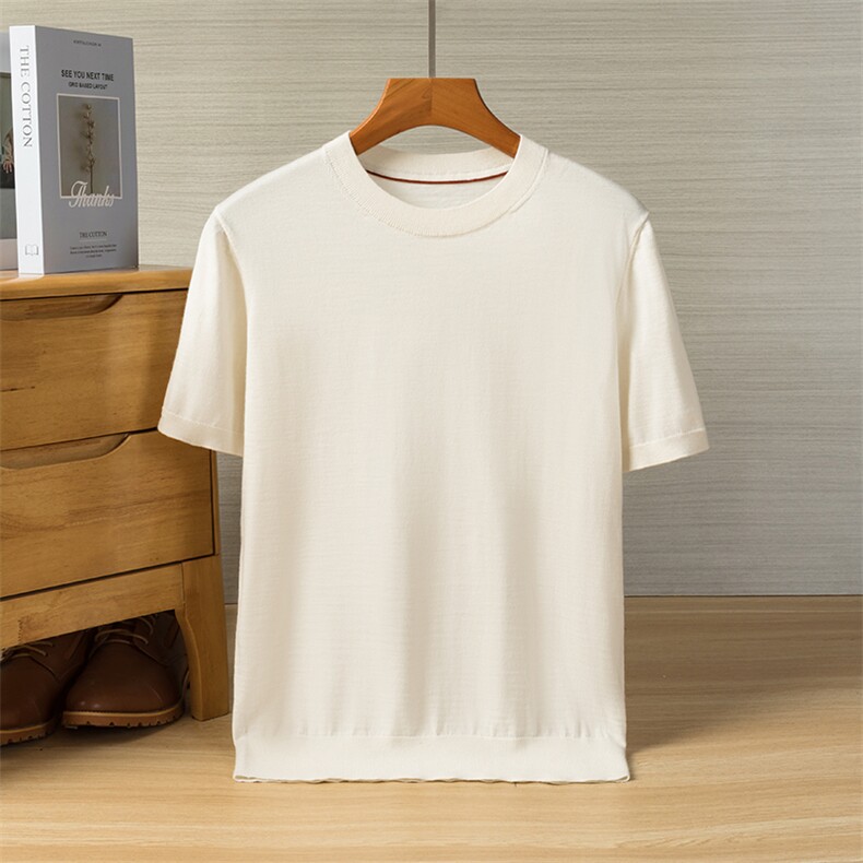 精纺100细羊毛圆领针织短袖T恤打底衫女宽松休闲韩版百搭薄上衣潮，男装T恤，美创羊绒