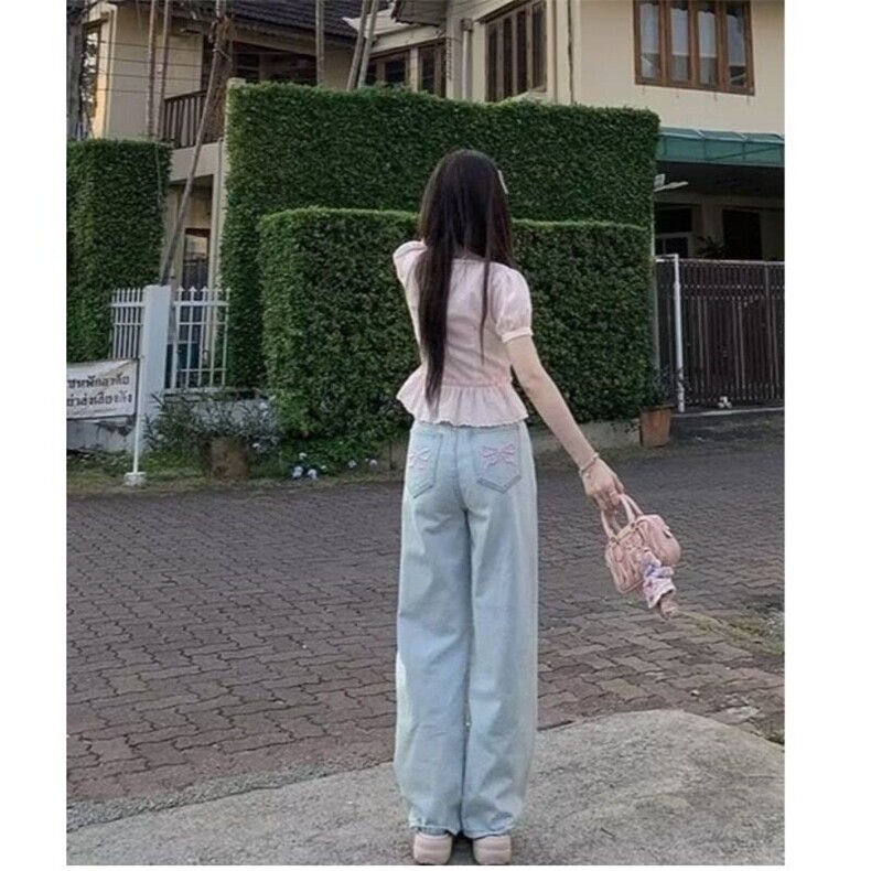 浅蓝色做旧蝴蝶结刺绣牛仔裤女夏季美式高腰直筒设计感宽松阔腿裤,男装牛仔裤,星座506A