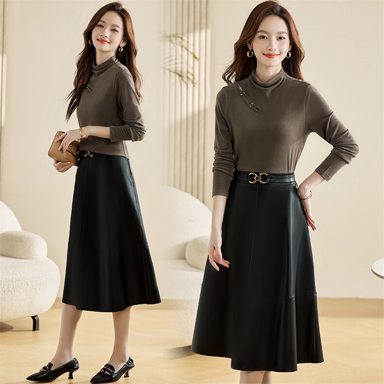 时尚优雅蛋白+PU皮套裙显瘦气质女神风，女装套装/套裙，魅丽静蓝