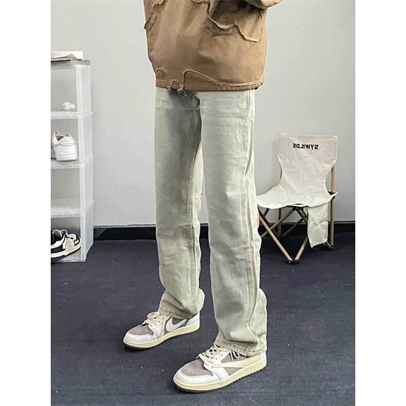 B221美式ins高街暗黑小众情侣毛巾绣直筒牛仔裤LK23021-P65控88,男装牛仔裤,电商B221