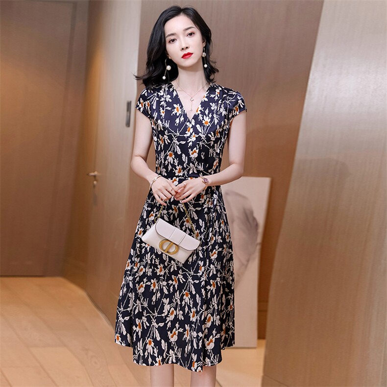 玖伊兰印花真丝翻领连衣裙短袖2025夏新款桑蚕丝气质减龄中长裙子，女装连衣裙，阿舍尔精品