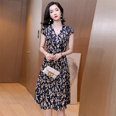 玖伊兰印花真丝翻领连衣裙短袖2025夏新款桑蚕丝气质减龄中长裙子，女装连衣裙，阿舍尔精品