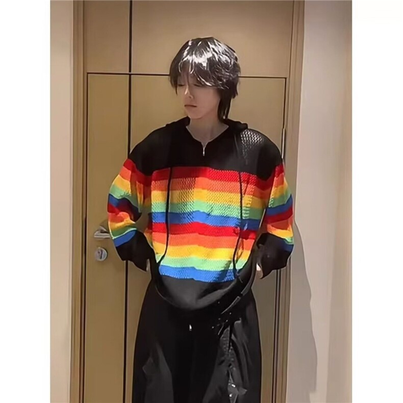 【有货】D939-特P45多巴胺条纹镂空针织开衫男女宽松撞色连帽长袖图片