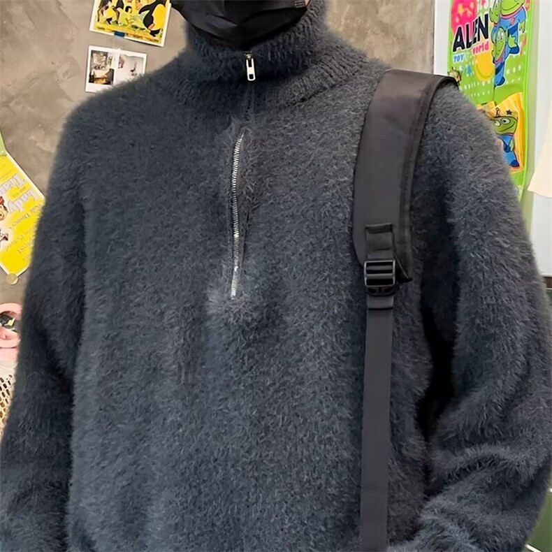 秋冬季仿貂绒毛衣男宽松半拉链高领针织衫慵懒风套头外套 M865图片