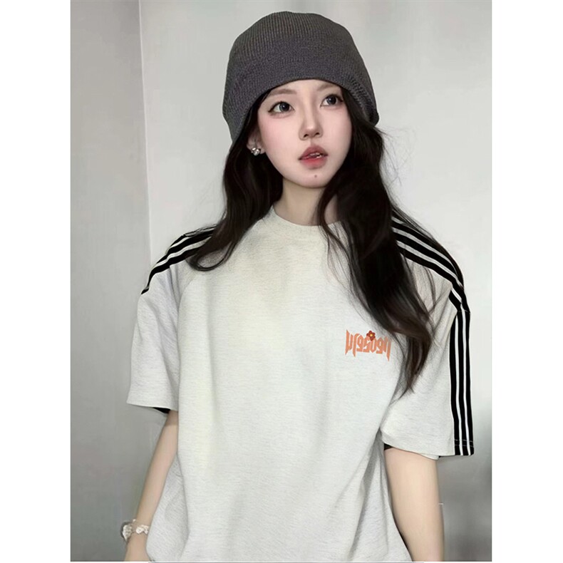 抖音得物品质二开240克宽松纯棉美式潮牌印花三条杠中性风短袖T恤,男装T恤,电商A486-1