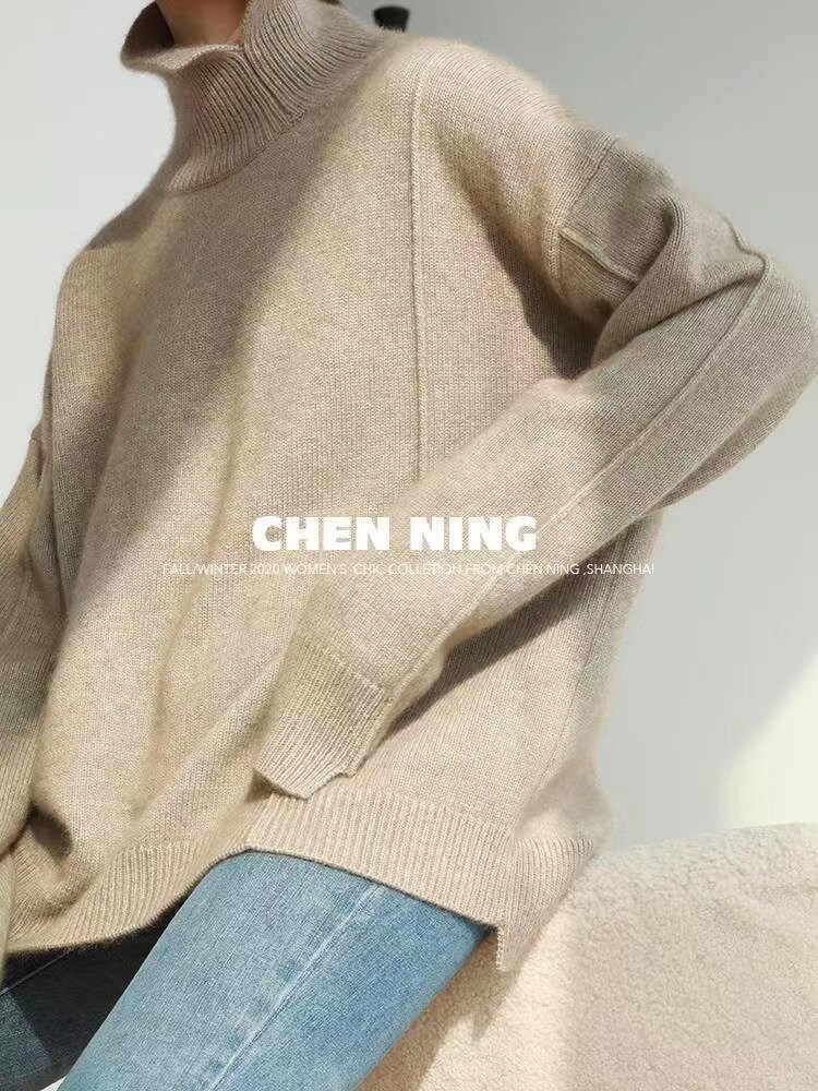 高领35%羊绒女宽松慵懒风套头毛衣针织打底衫，女装羊绒衫，以美红杉羊绒