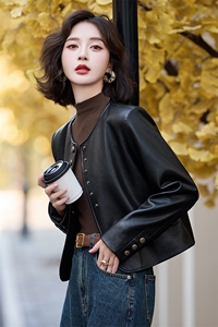 黑色小皮衣外套女2025秋季新款短款pu皮夹克圆领休闲单排扣上衣女图片