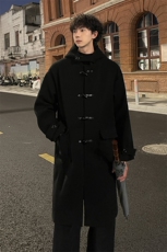 秋冬小众牛角扣连帽毛呢大衣男宽松风衣外套MN00706/P125加棉P135，男装毛呢大衣，电商B316