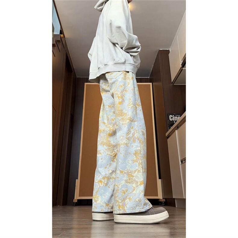 1506/QS41080/P48满印印花水洗美式复古微喇宽松直筒长裤子,男装休闲裤,星座1506