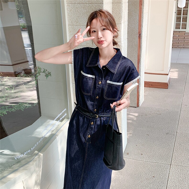 韩系复古别致薄款漂亮牛仔连衣裙女夏新款高级感显瘦收腰衬衫长裙,女装连衣裙,2C307