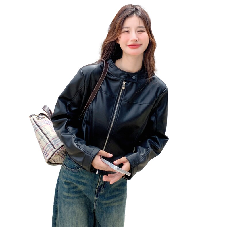 黑色复古皮衣外套女2025年秋季新款韩版小个子又酷又飒机车风夹克,女装皮衣,幸运星