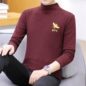 冬季半高领双面绒刺绣蜜蜂卫衣男加绒加厚保暖打底衫长袖灰330P28图片